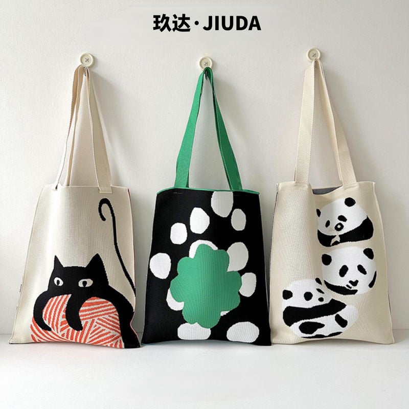 Knitted Handbag Cute Panda Knitted Shoulder Bag All-Match Large Capacity Commuter To Work All-Match Hand Bag - Image 2