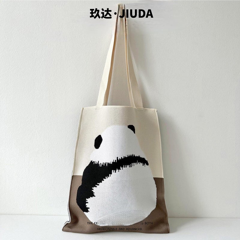 Knitted Handbag Cute Panda Knitted Shoulder Bag All-Match Large Capacity Commuter To Work All-Match Hand Bag - Image 5