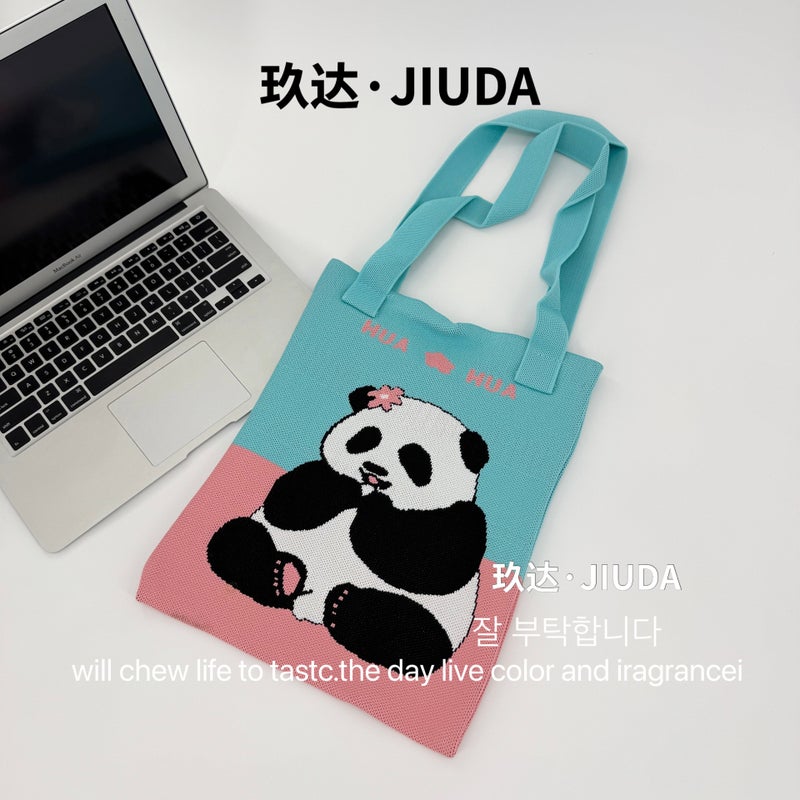 Knitted Handbag Cute Panda Knitted Shoulder Bag All-Match Large Capacity Commuter To Work All-Match Hand Bag - Image 1