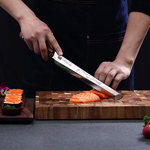 FINDKING Prestige Series Sakimaru Knife, 10.5 Inch Japanese SKD11 Damascus Sashimi Sushi Knife with Walnut Saya Cover, Ebony Octagonal Handle & Wooden Gift Box - Image 3