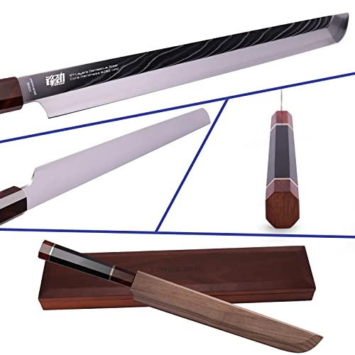 FINDKING Prestige Series Sakimaru Knife, 10.5 Inch Japanese SKD11 Damascus Sashimi Sushi Knife with Walnut Saya Cover, Ebony Octagonal Handle & Wooden Gift Box - Image 2