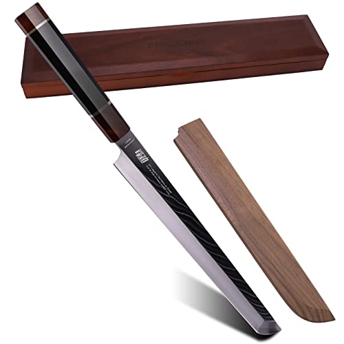 FINDKING Prestige Series Sakimaru Knife, 10.5 Inch Japanese SKD11 Damascus Sashimi Sushi Knife with Walnut Saya Cover, Ebony Octagonal Handle & Wooden Gift Box - Image 1