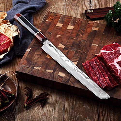FINDKING Prestige Series Sakimaru Knife, 10.5 Inch Japanese SKD11 Damascus Sashimi Sushi Knife with Walnut Saya Cover, Ebony Octagonal Handle & Wooden Gift Box - Image 5