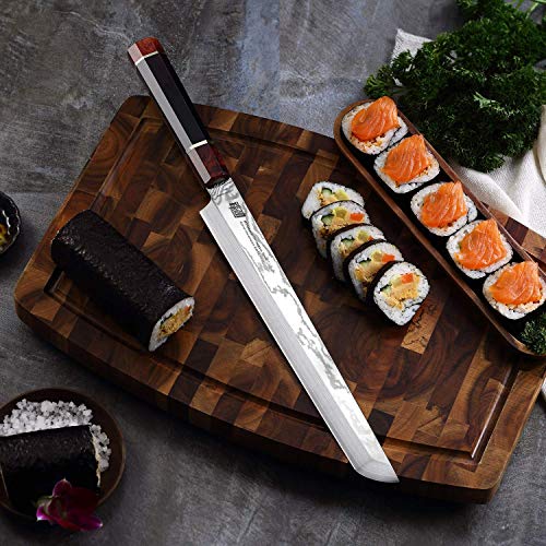 FINDKING Prestige Series Sakimaru Knife, 10.5 Inch Japanese SKD11 Damascus Sashimi Sushi Knife with Walnut Saya Cover, Ebony Octagonal Handle & Wooden Gift Box - Image 4