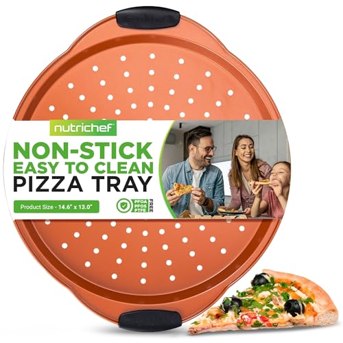 NutriChef 13Inch Nonstick Pizza Tray Round Carbon Steel NonStick Pizza Baking Pan with Perforated Holes Premium Bakeware Pizza Screen with Silicone Grip Handles Dishwasher Safe Copper