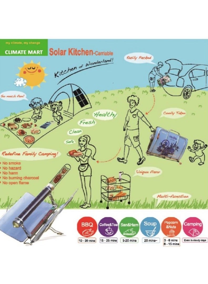 Solar BBQ Grill for healthy meals and camping  and grilling food plus making soup and hot drinks