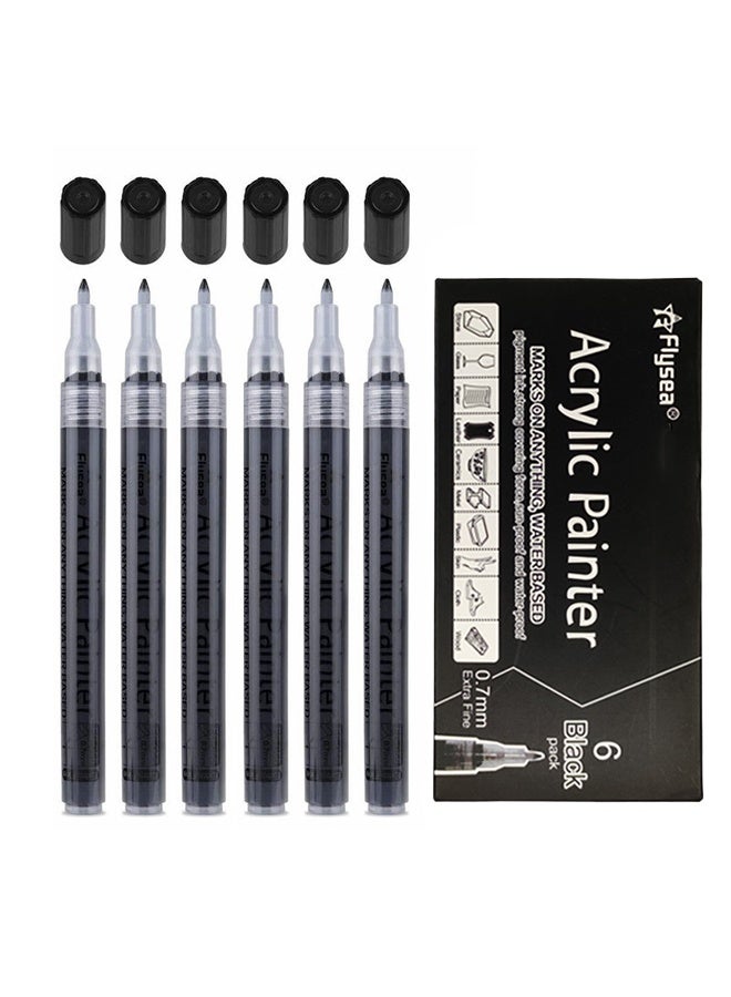 Flysea 6 Pack Paint Pens Black Marker 0.7mm Acrylic White Permanent Marker, White Paint Pens for Rock Painting Stone Ceramic Glass Wood Plastic Glass Metal Canvas Water-based Extra Fine Point - Image 1