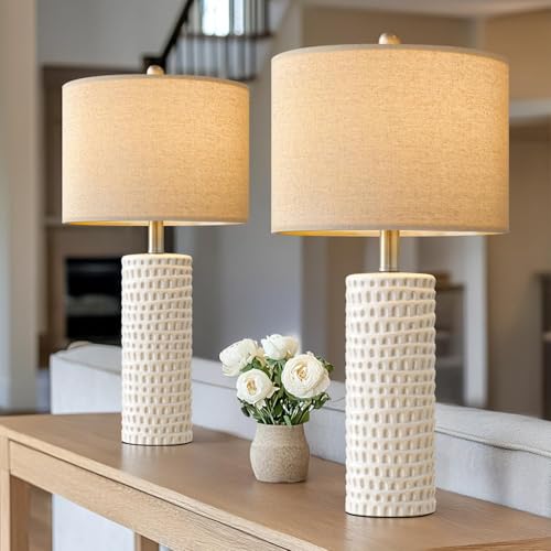 PORTRES 24" Farmhouse Ceramic Table Lamp Set of 2 for Bedroom Living Room White Desk Decor Bedside Lamps for Study Room Office Dorm Modern Accent Nightstand Lamp End Table Lamps - Image 1
