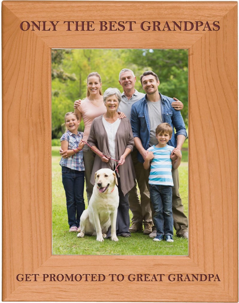 CustomGiftsNow Only The Best Grandpas Get Promoted to Great Grandpa Natural Alder Wood Engraved TabletopHanging Photo Picture Frame 4x6inch Vertical
