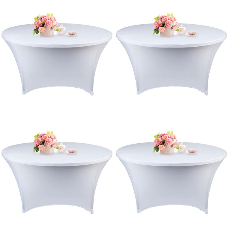 Fivenl 4 Pack 5FT Round Spandex Tablecloth 60 Inch White Stretchable Table Cover Washable and Wrinkle Resistant Fitted Round Table for Wedding Banquet Birthday Party Restaurant