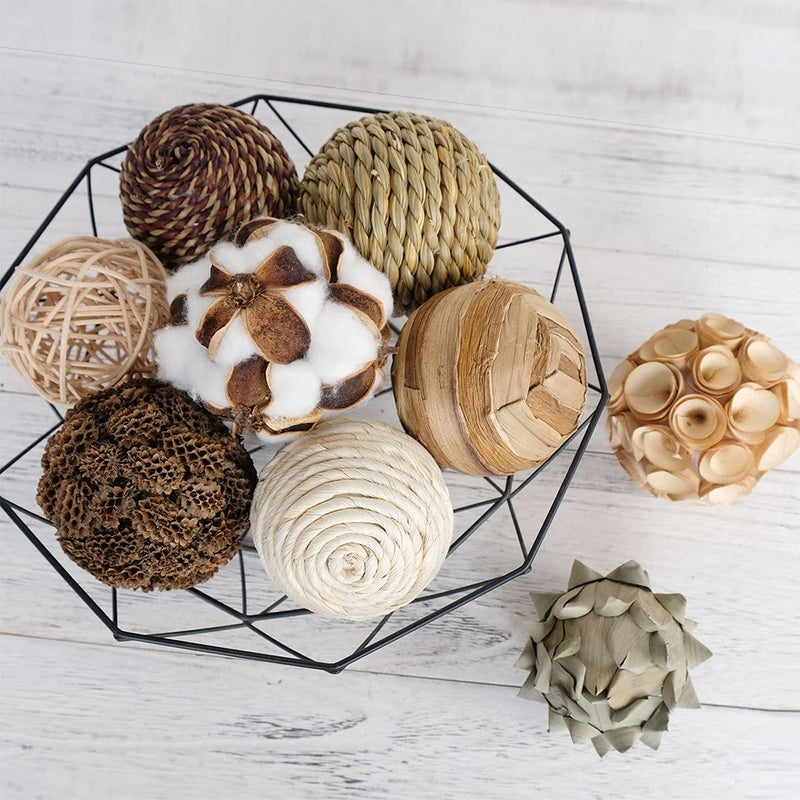 CIR OASES Decorative Balls Spherical Assorted 9pcs Brown White Orbs Rustic Natural Twig Rattan Woven Cotton Balls for Vase Bowl Filler Tabletop Decor Home Party Wedding Display