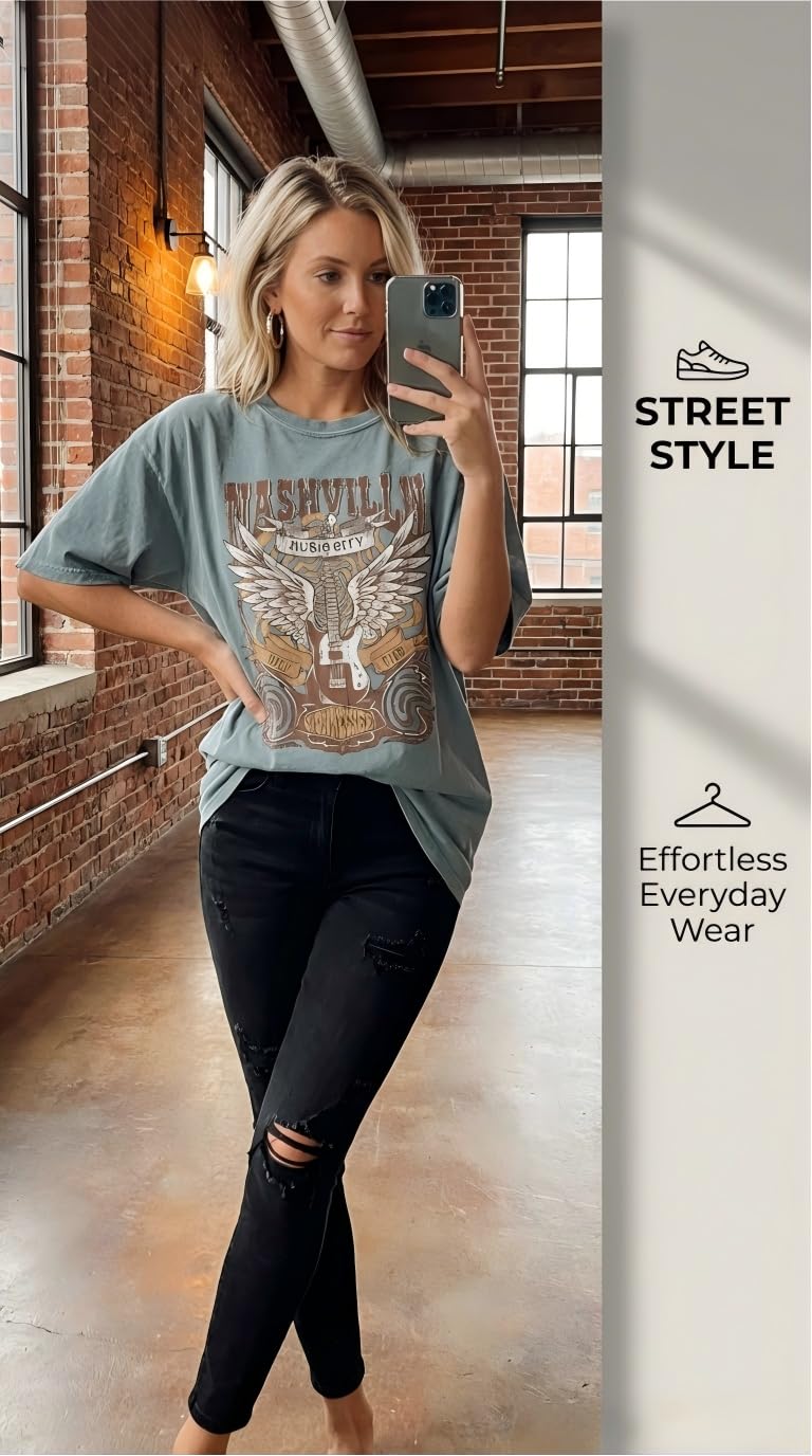 MHTOR Oversized Rock Band T-Shirt Women Country Music Shirt Tops Nashville Music City Tshirt Vintage Guitar Wings Graphic Tees(X-Large,Green) - Image 3