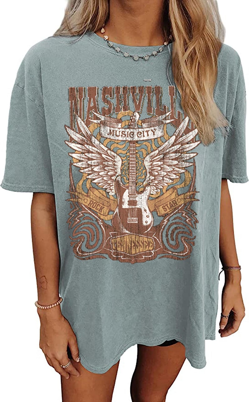 MHTOR Oversized Rock Band T-Shirt Women Country Music Shirt Tops Nashville Music City Tshirt Vintage Guitar Wings Graphic Tees(X-Large,Green) - Image 1