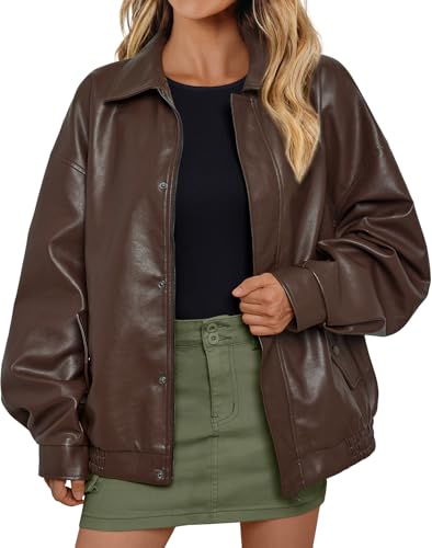 AUTOMET Womens Oversized Leather Jackets Faux Suede 2026 Fall Zip Up Motorcycle Coats Blazer Jackets for Women Outfits Brown M - Image 1