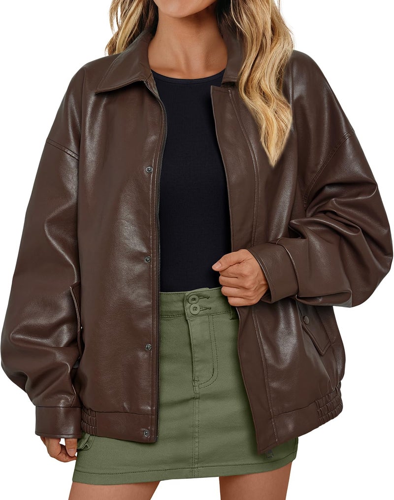 AUTOMET Womens Oversized Leather Jackets Faux Suede 2026 Fall Zip Up Motorcycle Coats Blazer Jackets for Women Outfits Brown M - Image 2