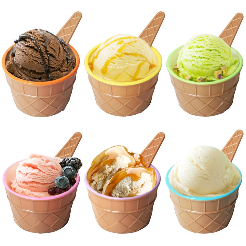 TRIXES Set of 6 Ice Cream Dessert Bowls and Matching Spoons Plastic Assorted Cute Colours Pink Lilac Blue Orange Yellow Green Wafer Design Ice Cream Cone Bowl - Image 5