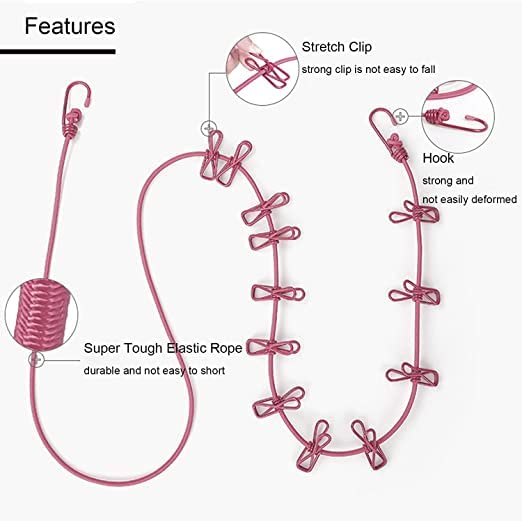 Kunya® Cloth Drying Rope with Hooks Portable Travel Clothes line Adjustable Elastic Indoor Outdoor use Retractable Clothes line with 12 PCS Clips for Travel Clothesline Rope. (Pack of 1, Multi Color) - Image 3
