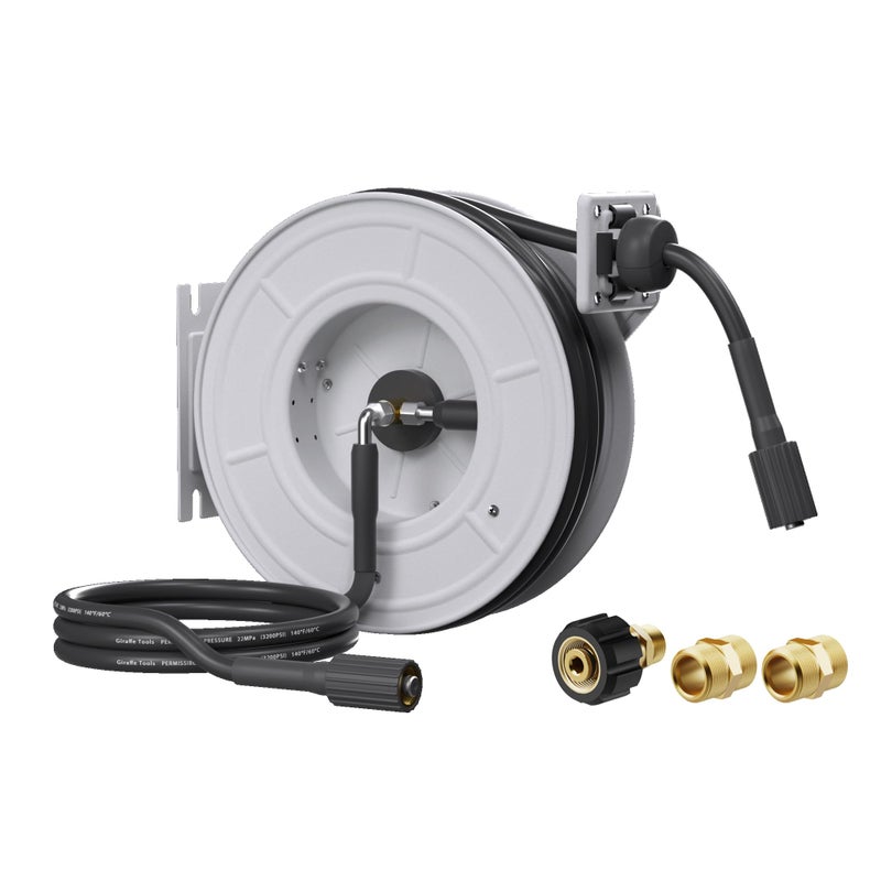 Giraffe Tools Pressure Washer Hose Reel with 65ft Replaceable Hose, Power Washer Retractable Hose Reel, Heavy Duty, Wall/Floor Mounted, 3200 PSI - Image 1