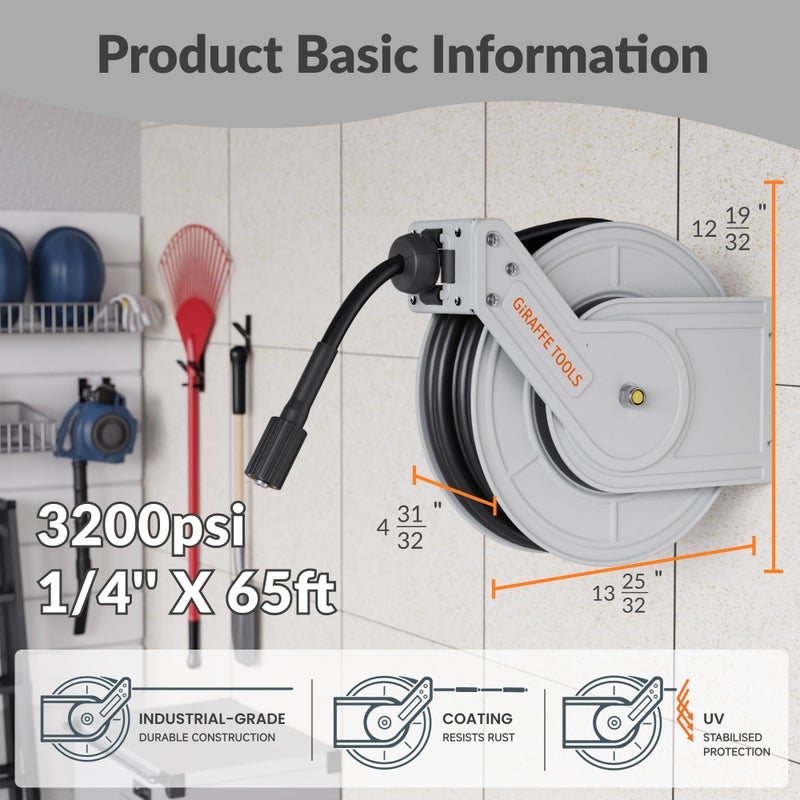 Giraffe Tools Pressure Washer Hose Reel with 65ft Replaceable Hose, Power Washer Retractable Hose Reel, Heavy Duty, Wall/Floor Mounted, 3200 PSI - Image 3