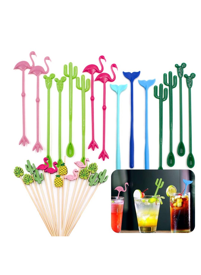 KASTWAVE Ice Drink Mixing Stick Set,15Pcs Flamingo Cactus Reusable Novelty Swizzle Sticks with 100Pcs Bamboo Decorative Appetizer Picks for Tropical Beach Christmas Party  - Image 1