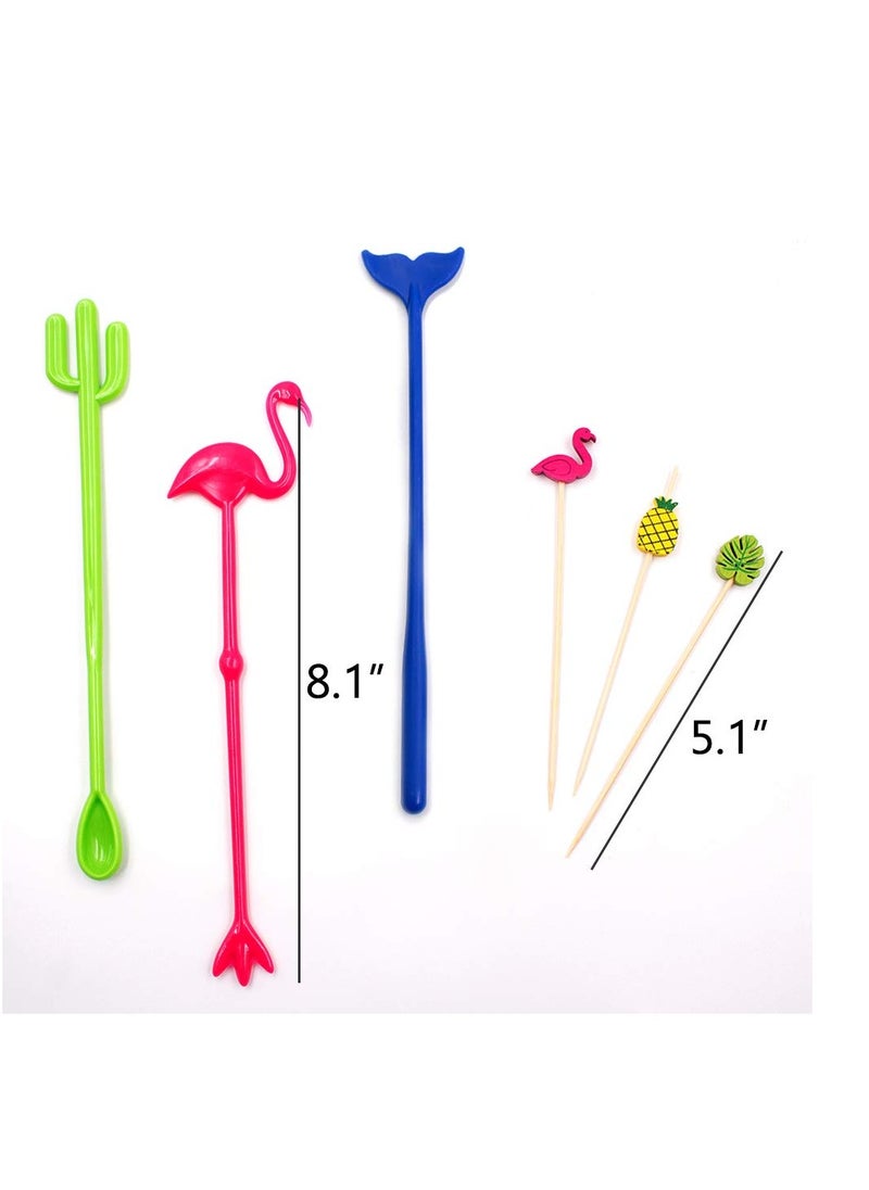 KASTWAVE Ice Drink Mixing Stick Set,15Pcs Flamingo Cactus Reusable Novelty Swizzle Sticks with 100Pcs Bamboo Decorative Appetizer Picks for Tropical Beach Christmas Party  - Image 3
