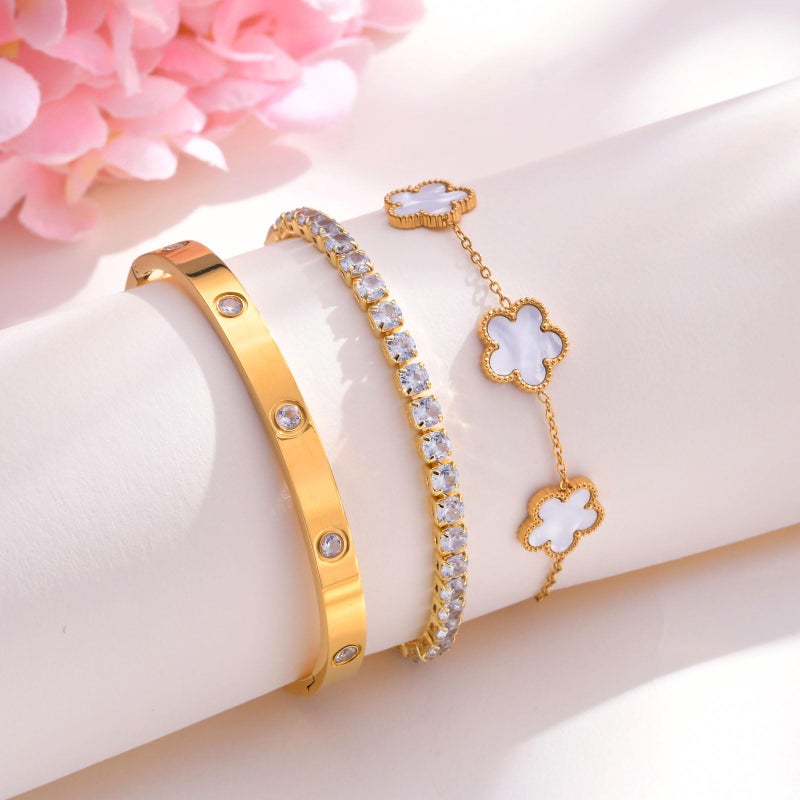 MPRAINBOW 18K Gold Plated Stainless Steel Womens Stackable Floral Bracelet Set, Bangle Chain Non Tarnish, Trendy Jewelry Gifts for Girlfriend, Christmas, Valentines, Birthday, White, 3Pcs - Image 4