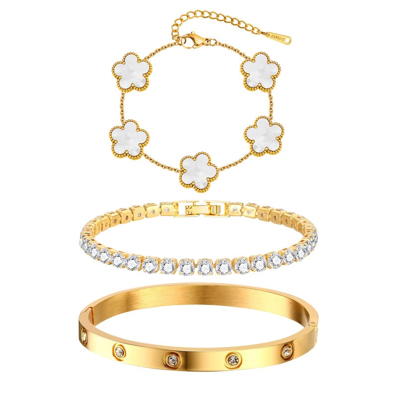 MPRAINBOW 18K Gold Plated Stainless Steel Womens Stackable Floral Bracelet Set, Bangle Chain Non Tarnish, Trendy Jewelry Gifts for Girlfriend, Christmas, Valentines, Birthday, White, 3Pcs - Image 1