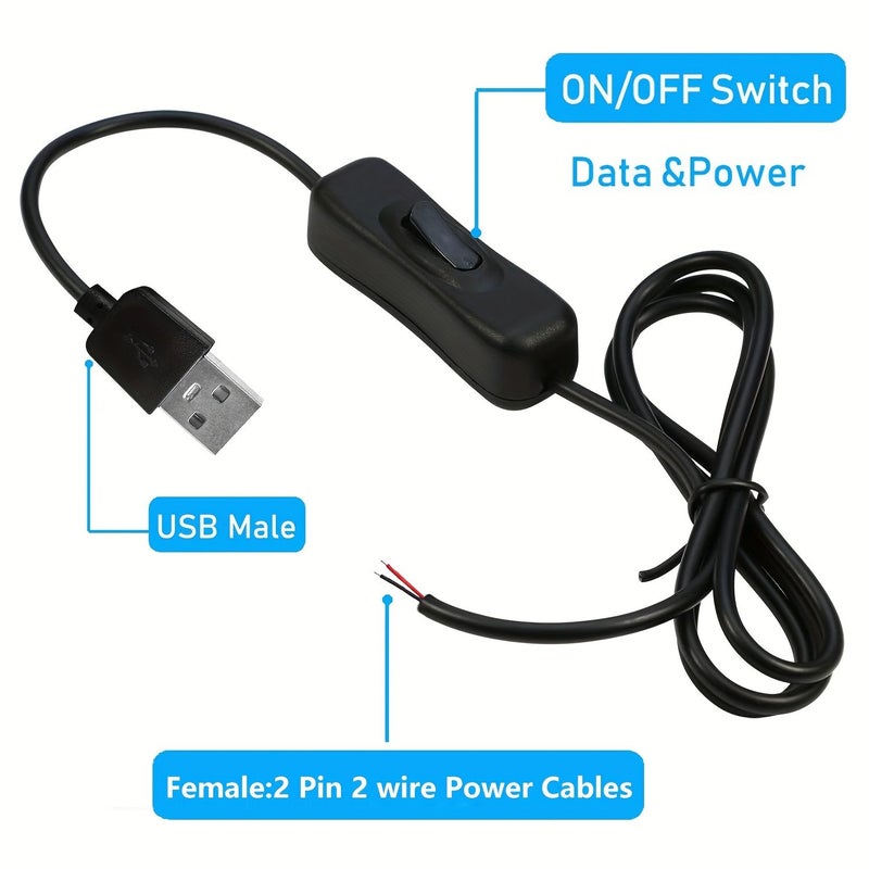 USB ON Off Switch Extension Cable with Male Plug and 2 Wire Power Cord 1.5m 4.9ft 2 Pack for DIY USB Fans LED Desk Lamps Drive Recorders Compatible with 5V 12V 24V Devices Switch Controlled No Data Transfer - Image 2