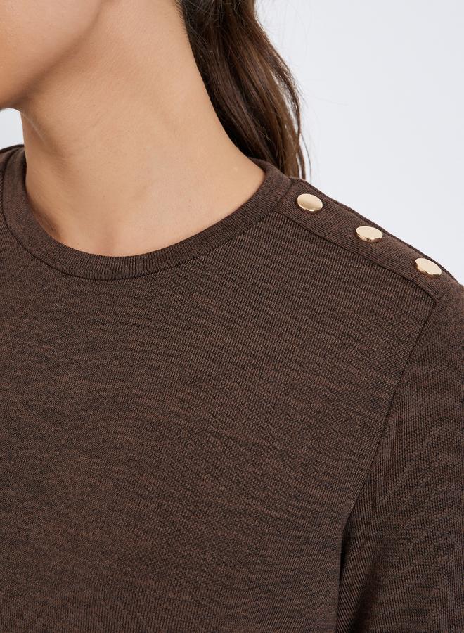 Styli Women Brown Knit T-Shirt with Shoulder Button - Image 4