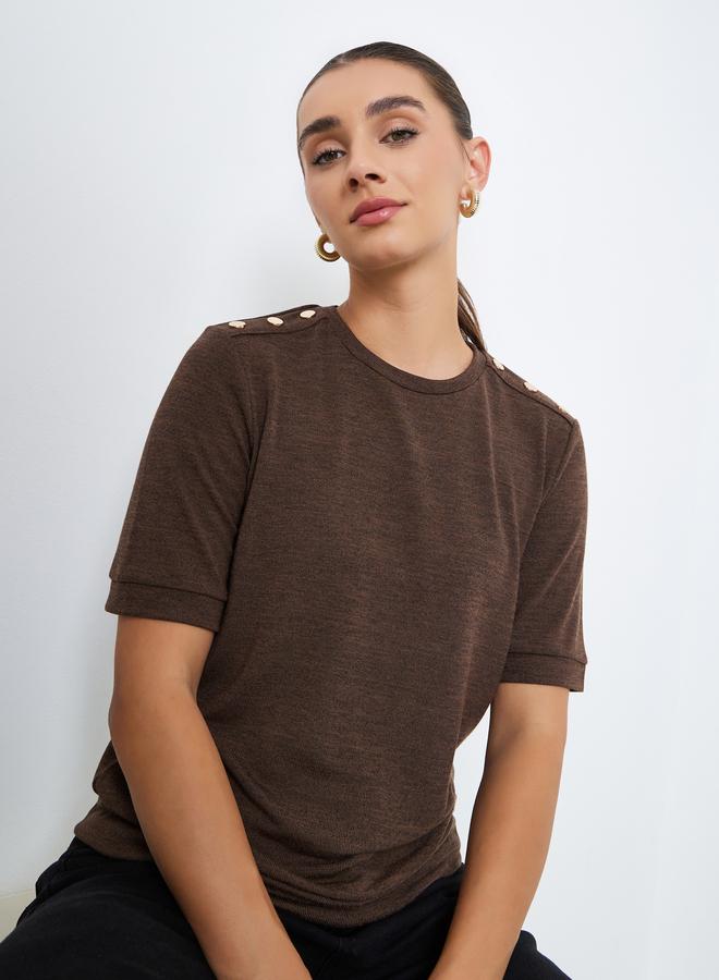 Styli Women Brown Knit T-Shirt with Shoulder Button - Image 1
