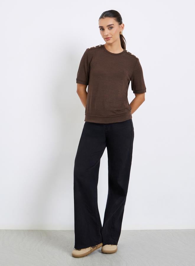 Styli Women Brown Knit T-Shirt with Shoulder Button - Image 2