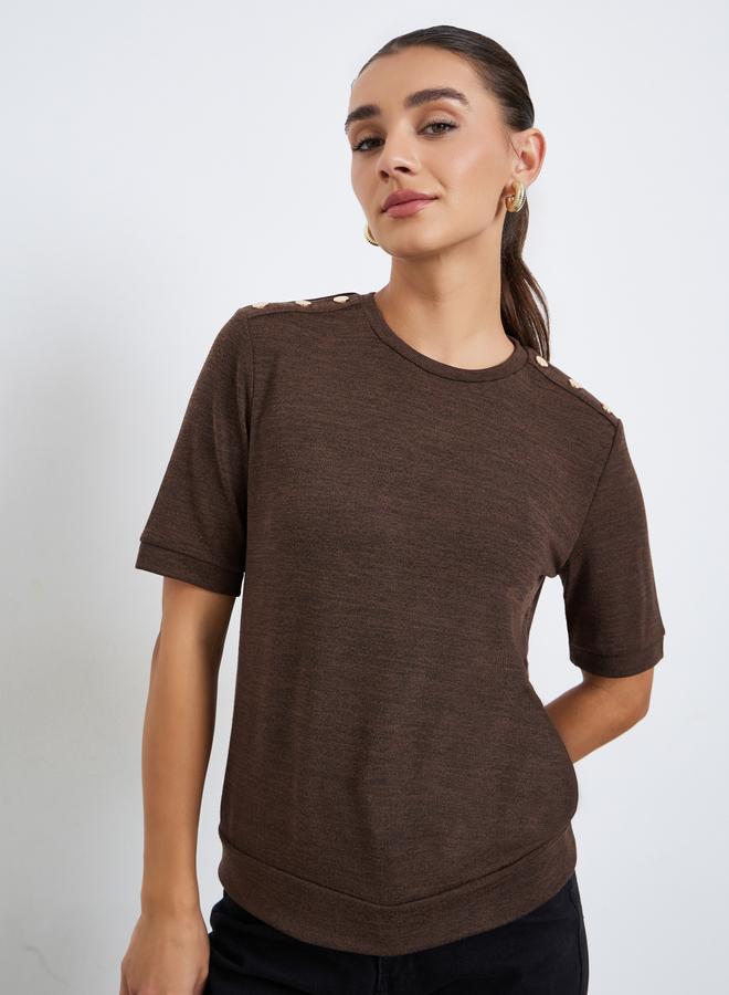 Styli Women Brown Knit T-Shirt with Shoulder Button - Image 3