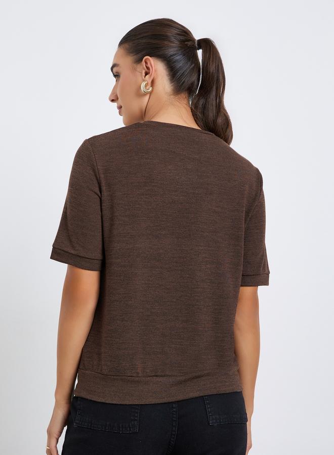 Styli Women Brown Knit T-Shirt with Shoulder Button - Image 5