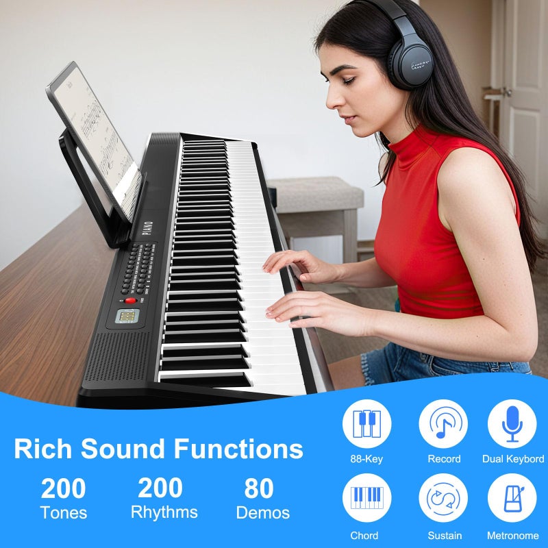 Buinblu Electronic Piano keyboard,Foldable Full Size 88 Key Digital Pianos with Power Adapter,Pedal,Sheet Music Stand,Sticker,Bag,for Beginners,Black - Image 3