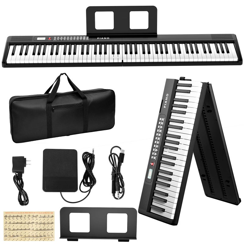 Buinblu Electronic Piano keyboard,Foldable Full Size 88 Key Digital Pianos with Power Adapter,Pedal,Sheet Music Stand,Sticker,Bag,for Beginners,Black - Image 1