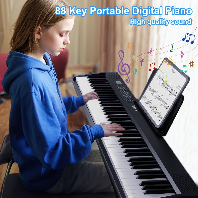 Buinblu Electronic Piano keyboard,Foldable Full Size 88 Key Digital Pianos with Power Adapter,Pedal,Sheet Music Stand,Sticker,Bag,for Beginners,Black - Image 2