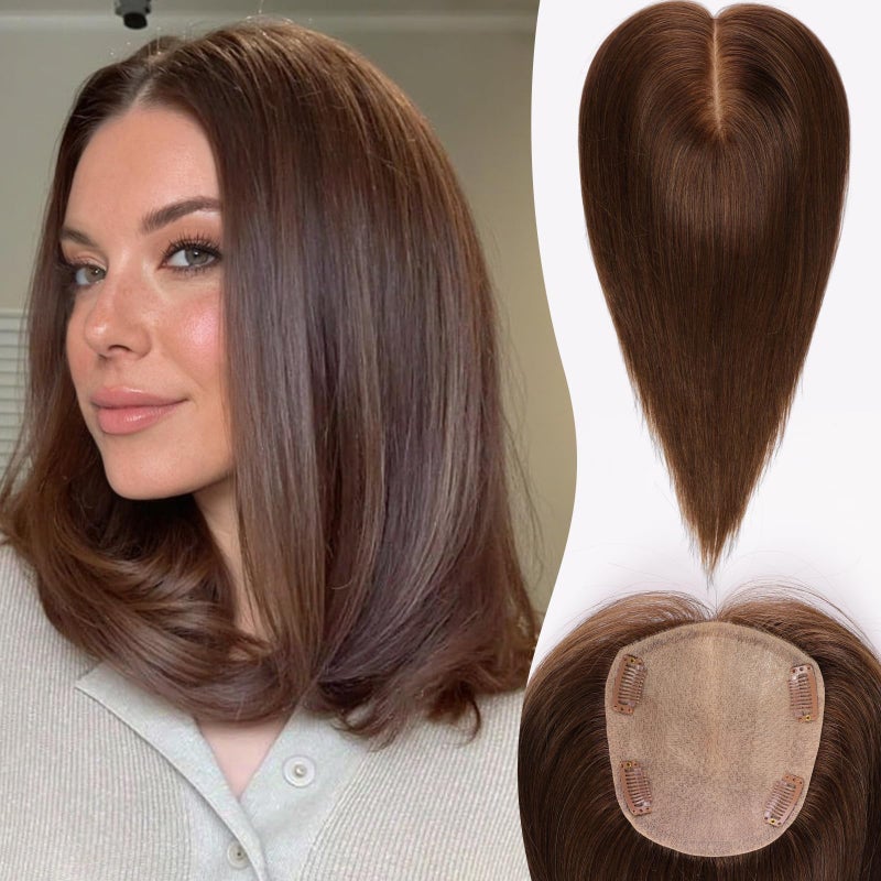 starluck Hair Toppers for Women Real Human Hair 555 Large Coverage Brown HairTopper No Bangs100 Real Human HairToppers for Women with ThinningHairCover Gray Roots 12 Inch