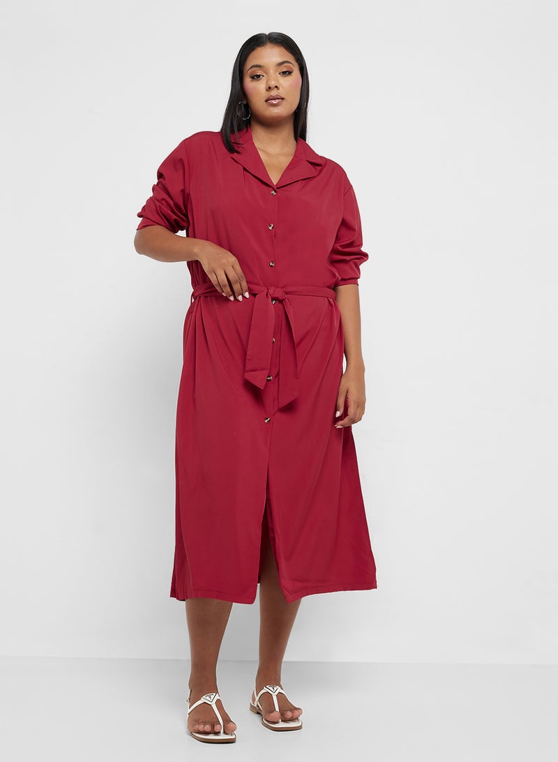 Ginger Plus Button Down A Line Shirt Dress With Belt - Image 1