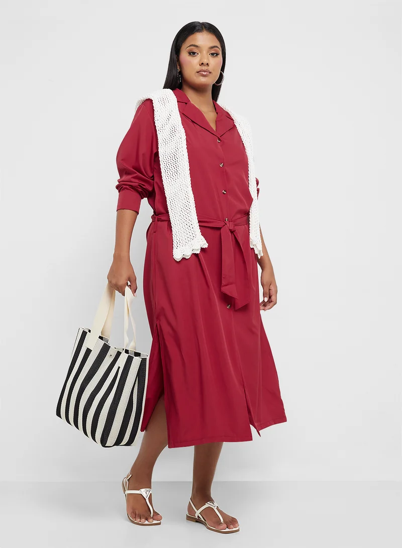 Ginger Plus Button Down A Line Shirt Dress With Belt