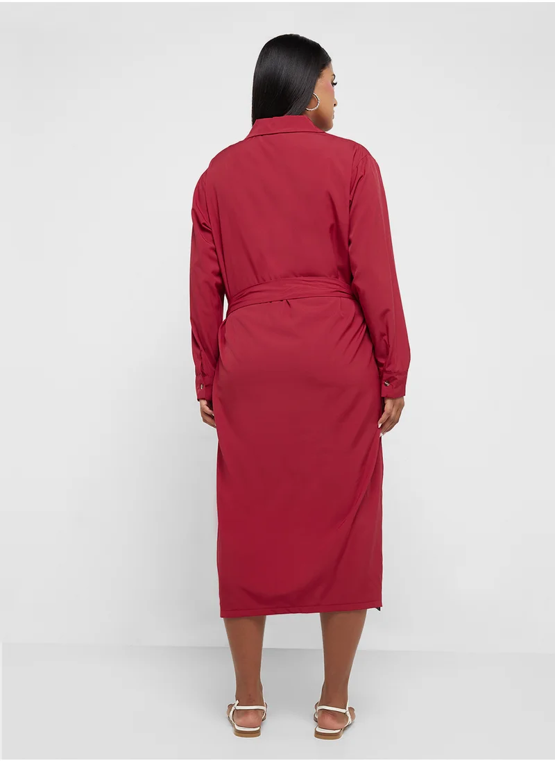 Ginger Plus Button Down A Line Shirt Dress With Belt