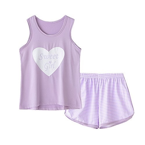 MyFav Big Kids Girls Sleeveless Sleepwear Hearts Shape Striped Pajama Nightgown (as1, age, 12_years, Purple) - Image 1