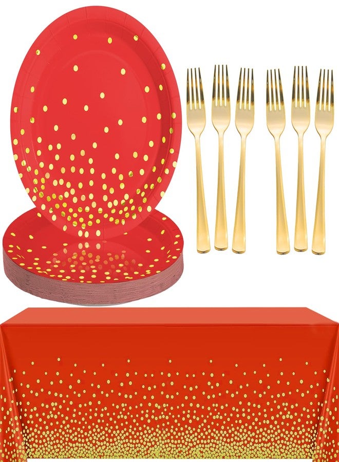 Cheery Land Red Plates and Tablecloths sets, 35pcs Gold Paper Plates 7inch and Plastic Tablecloths for Red Party Decorations - Image 1