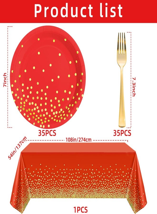 Cheery Land Red Plates and Tablecloths sets, 35pcs Gold Paper Plates 7inch and Plastic Tablecloths for Red Party Decorations - Image 2
