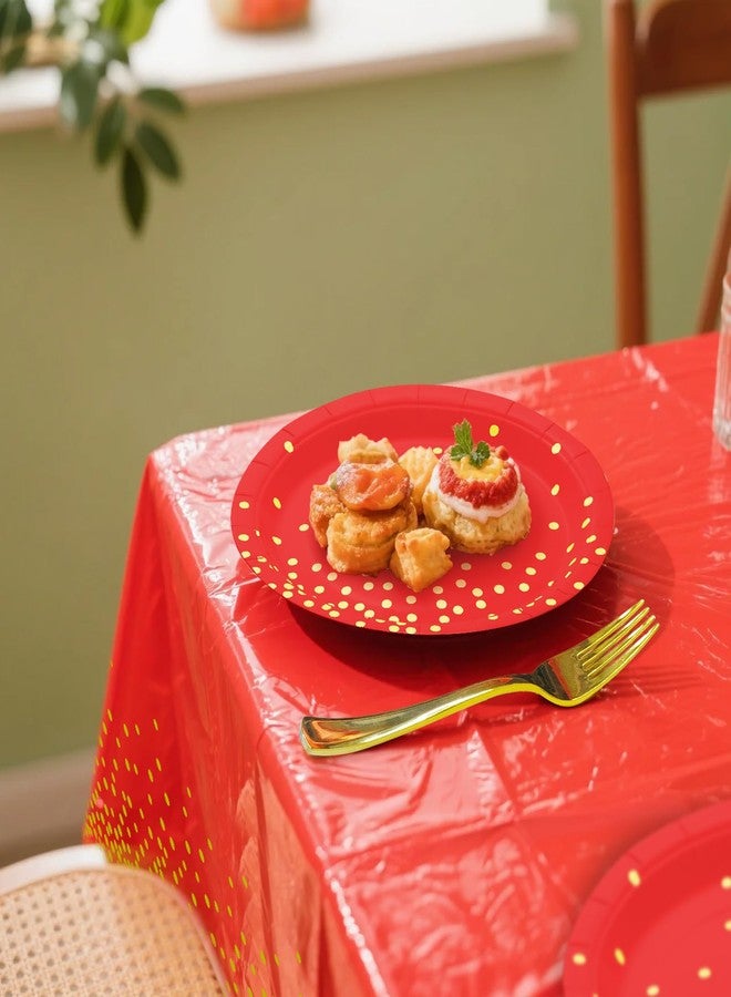 Cheery Land Red Plates and Tablecloths sets, 35pcs Gold Paper Plates 7inch and Plastic Tablecloths for Red Party Decorations - Image 4