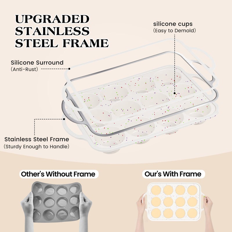 AOTASO Regular 12 Cup and Mini 24 Cup Nonstick Cupcake Pan Set Silicone Muffin Pan for Baking Silicone Cupcake Mold with Metal Reinforced Frame BPA Free (2 Pcs, Cream) - Image 2