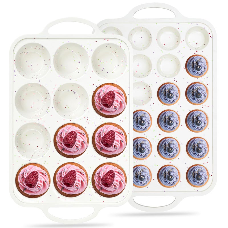 AOTASO Regular 12 Cup and Mini 24 Cup Nonstick Cupcake Pan Set Silicone Muffin Pan for Baking Silicone Cupcake Mold with Metal Reinforced Frame BPA Free (2 Pcs, Cream) - Image 1