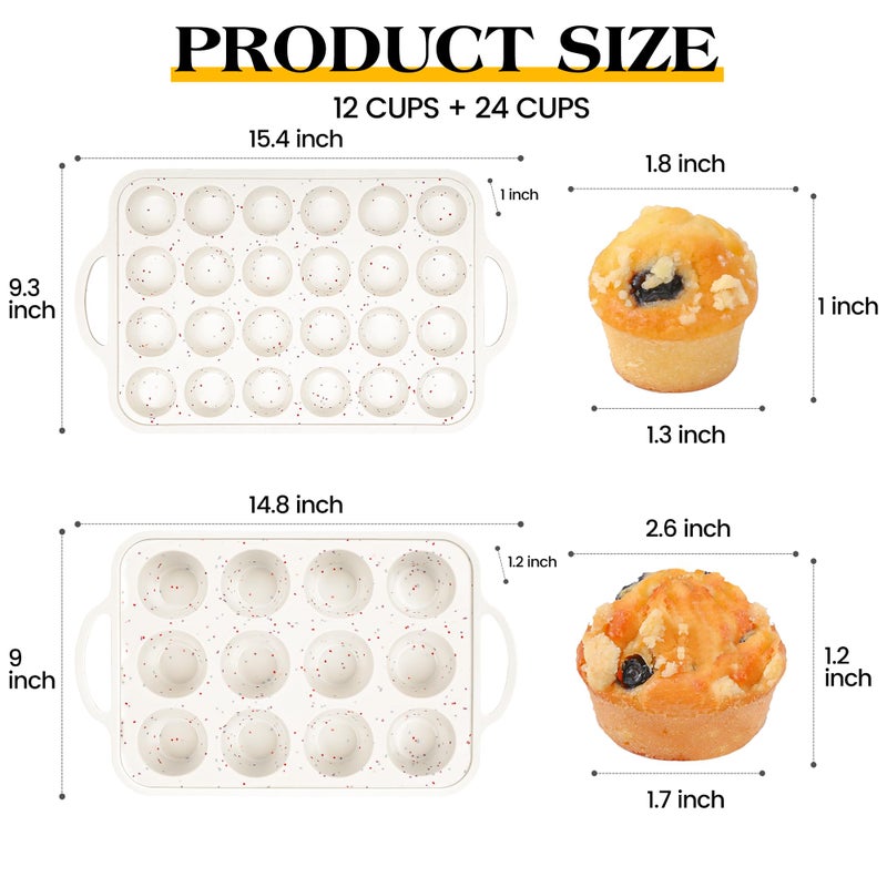 AOTASO Regular 12 Cup and Mini 24 Cup Nonstick Cupcake Pan Set Silicone Muffin Pan for Baking Silicone Cupcake Mold with Metal Reinforced Frame BPA Free (2 Pcs, Cream) - Image 4