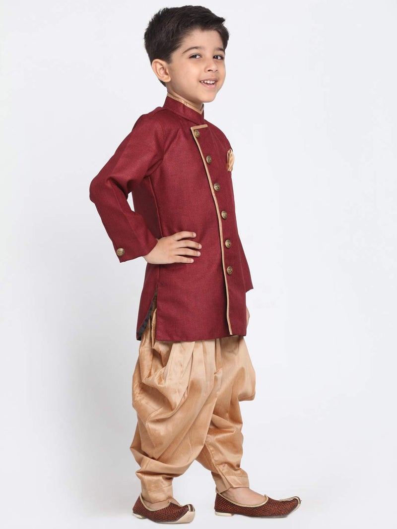 JBN Creation Boys' Maroon and Rose Gold Cotton Blend Sherwani and Dhoti Pant Set_JBNBCIW124MAnCDRG_26 - Image 3