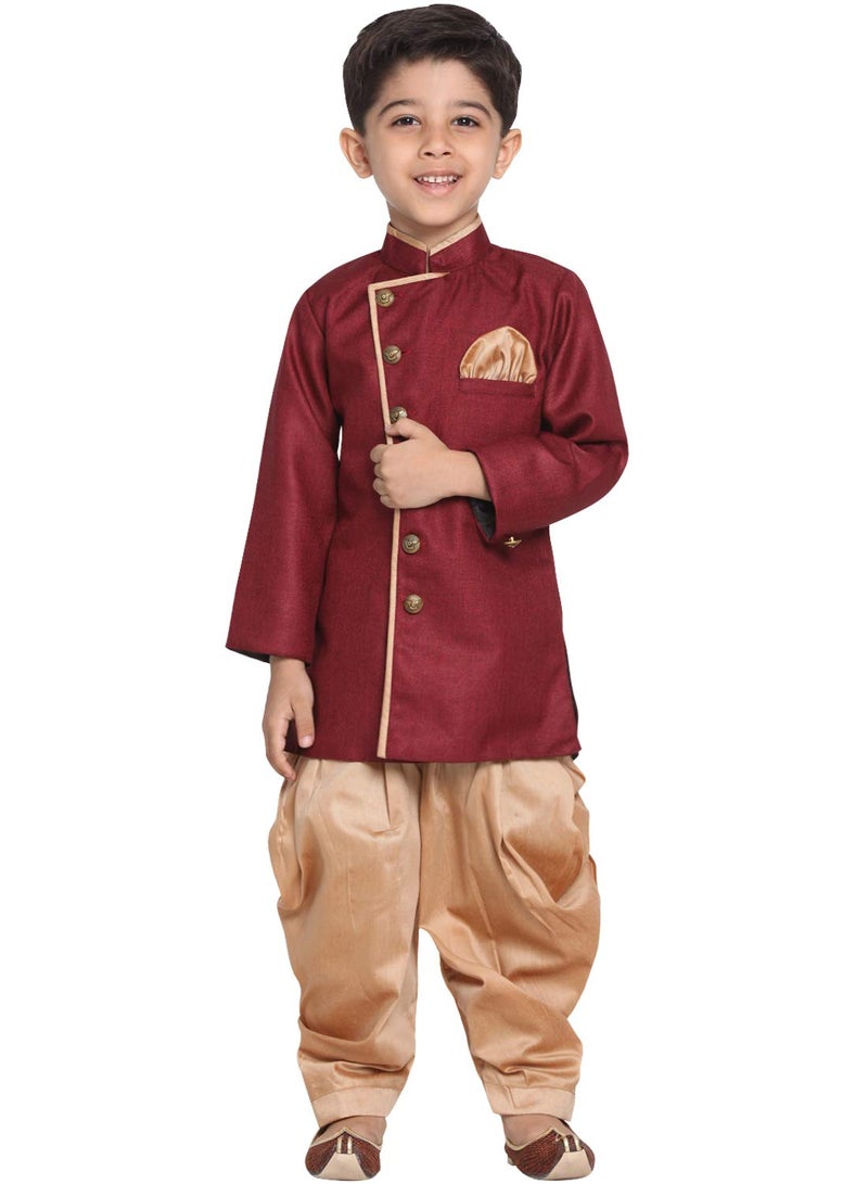 JBN Creation Boys' Maroon and Rose Gold Cotton Blend Sherwani and Dhoti Pant Set_JBNBCIW124MAnCDRG_26 - Image 1
