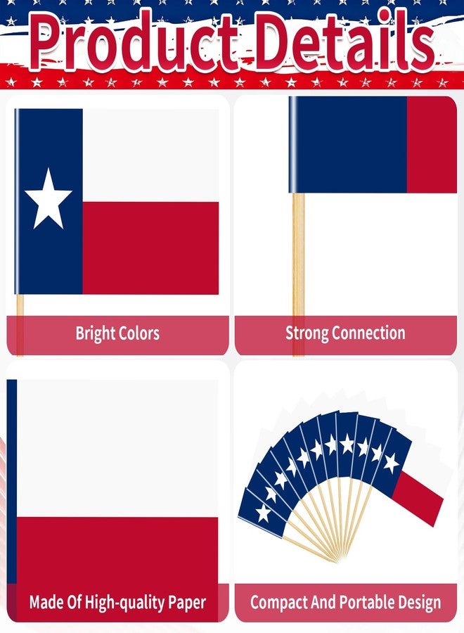 Geodurn 200 Pcs Mini Texas Flag Toothpick Toppers, Small Lone Star TX State Flags on Wooden Picks for Texas Independence Day, Parades, Barbecues, Cupcakes, and Party Decorations - Image 3
